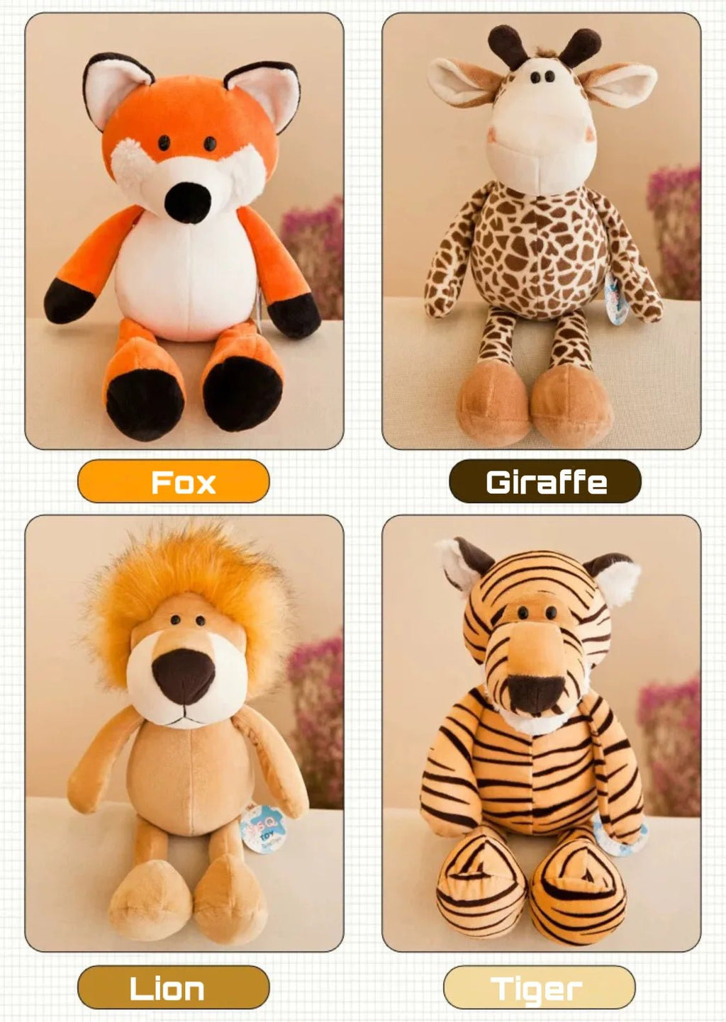 Jungle Animal Stuffed Toys Forest Animals Soft Plush Dog Zebra Elephant Lion Fox Giraffe Kid Playmate Doll Christmas Gifts - Kenner House Emporium