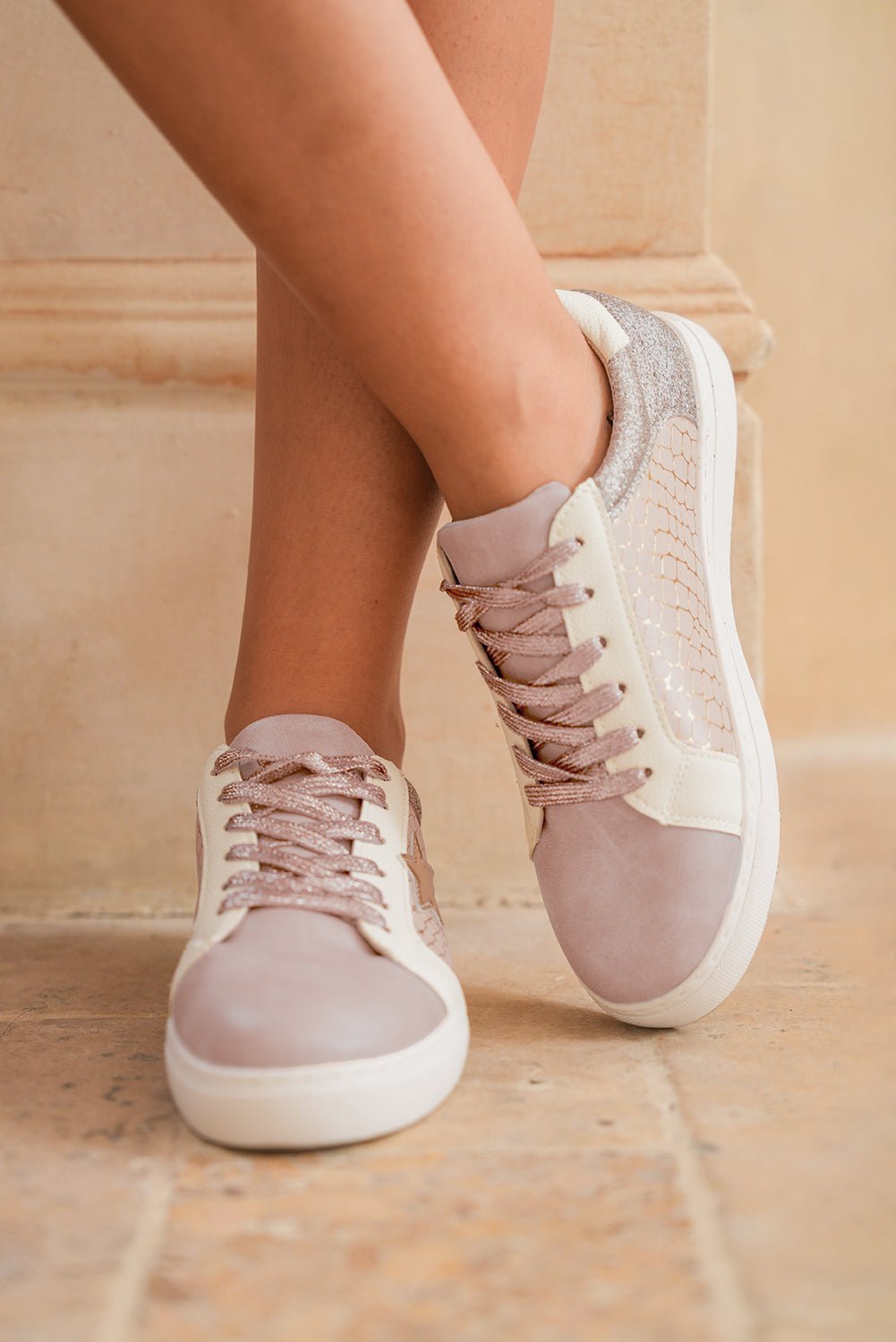 Gold Glitter Star Patchwork PU Leather Lace - up Sneakers - Kenner House Emporium