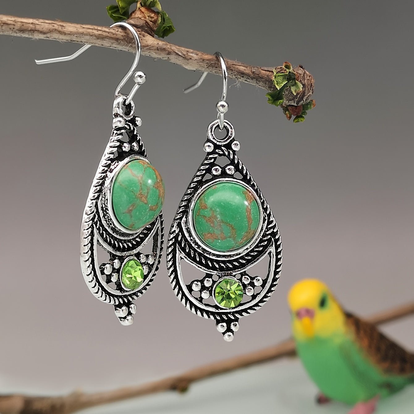 [Vintage Boho Earrings] Green Aventurine Vintage Boho Dangling Earrings | Alloy, English Style, Stainless Steel Ear Needle, for Daily Wear, Office, Street, Party, Vacation, Gift - Kenner House Emporium