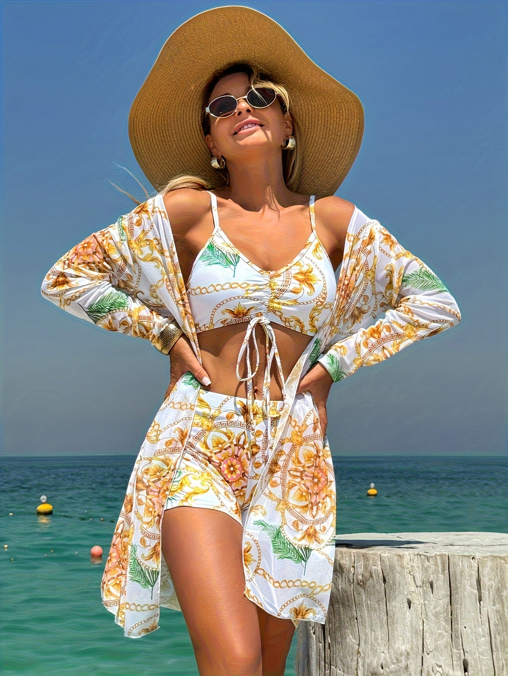 Women's Bikini Three - Piece Swimsuit with Boxer Shorts, New Split Cover - Up, Bowknot Fashion Beachwear - Kenner House Emporium