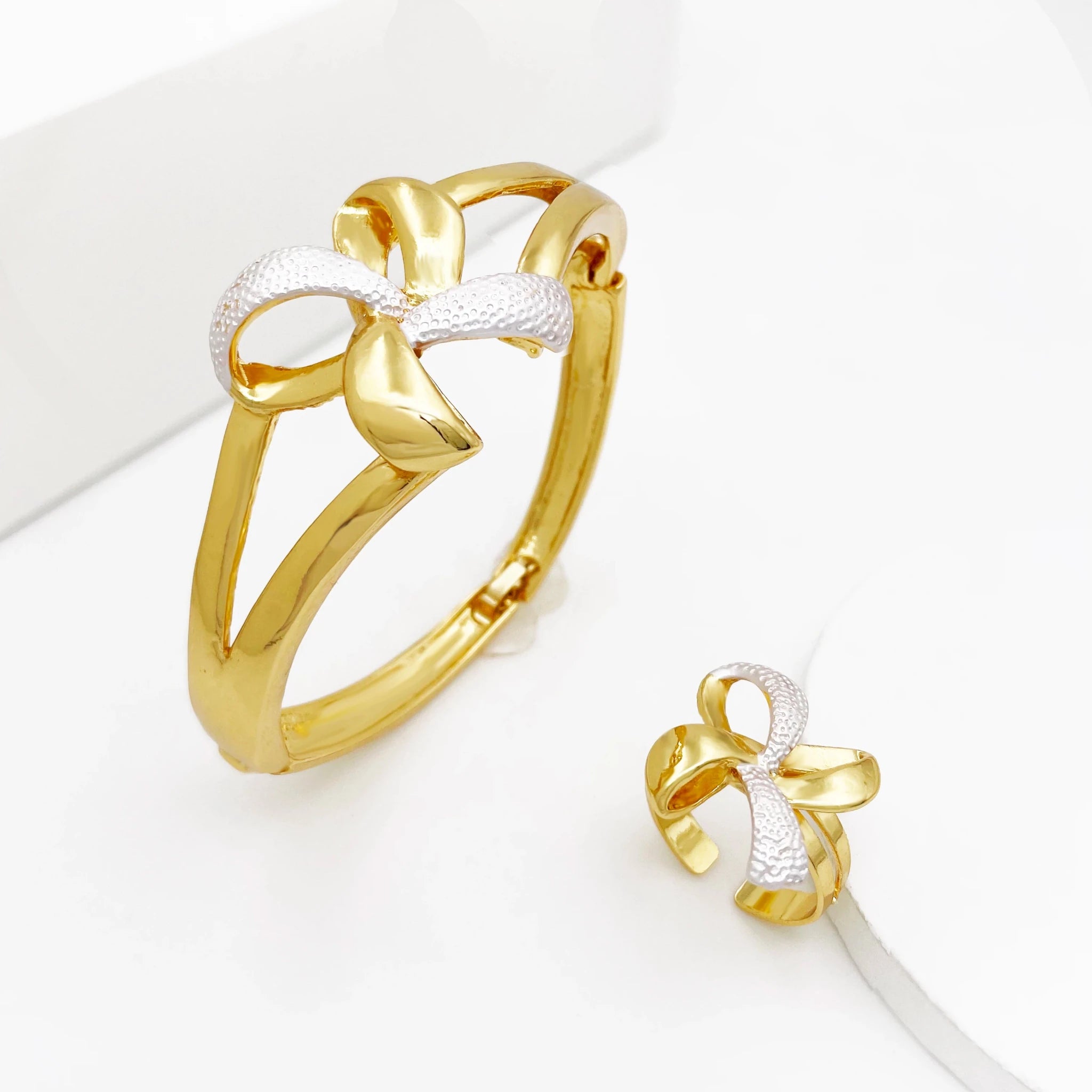 New Women Jewelry Two Tone Classic Design Necklace Set Long Drop Earrings Bracelet And Ring Full Set Jewelry Party Trending - Kenner House Emporium