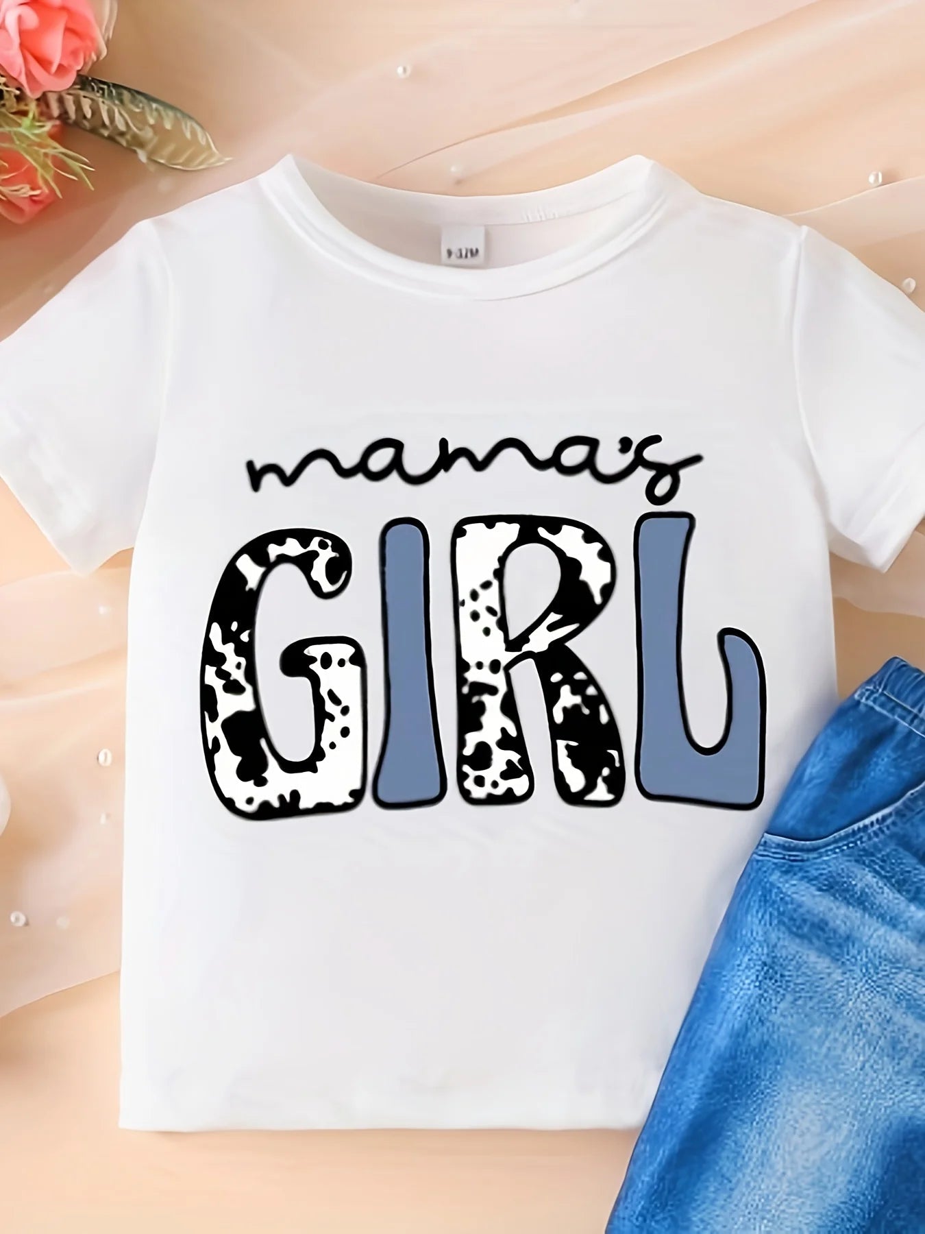 Toddler girl's spring and autumn short - sleeve top with letter patterns and imitation jeans set, suitable for outdoor activities - Kenner House Emporium