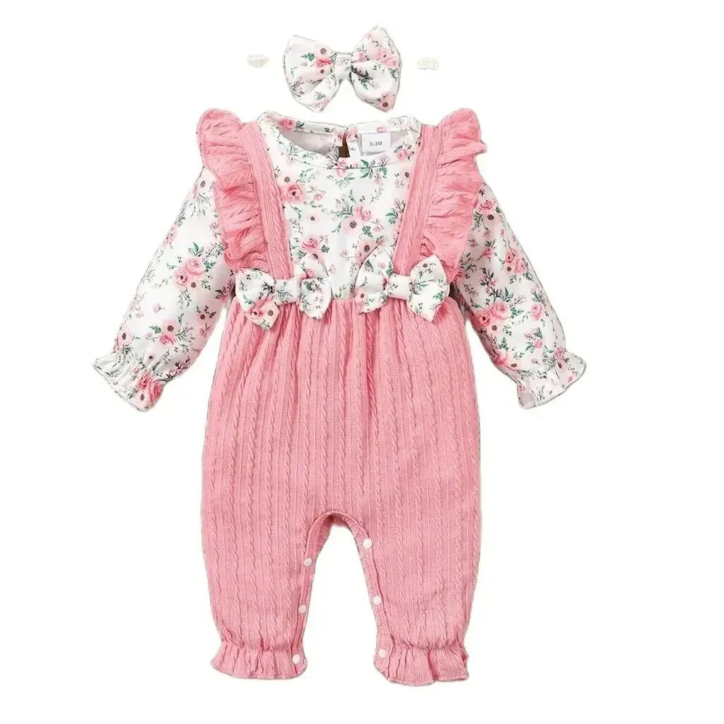 0 - 18 Months Newborn Baby Girl Romper Cute Floral Long Sleeve with Bow Bodysuit+Headband Infant Girl Spring&Autumn Jumpsuit - Kenner House Emporium