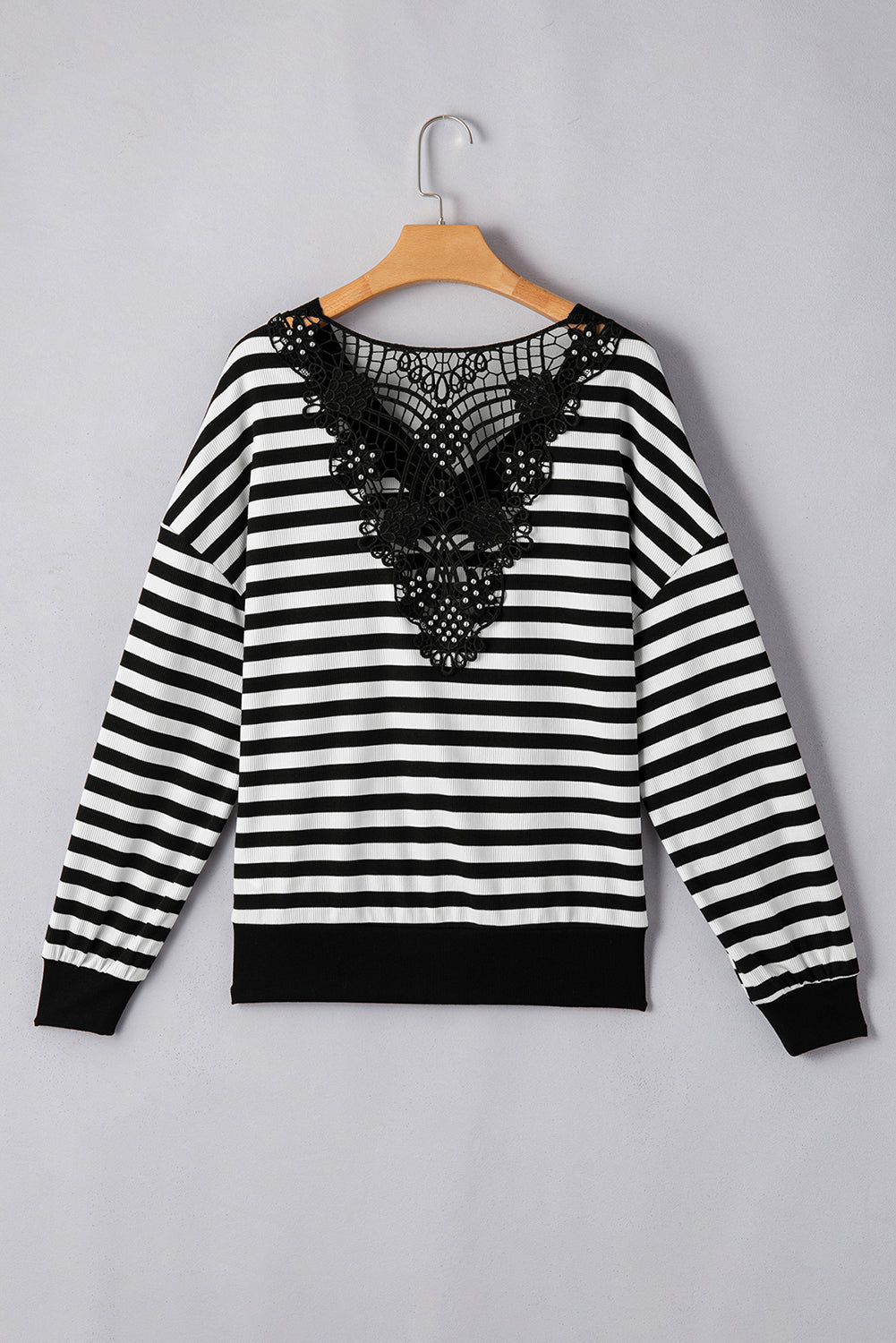 Black Stripe Crochet Hollow - out Back Buttoned Decor V Neck Top - Kenner House Emporium