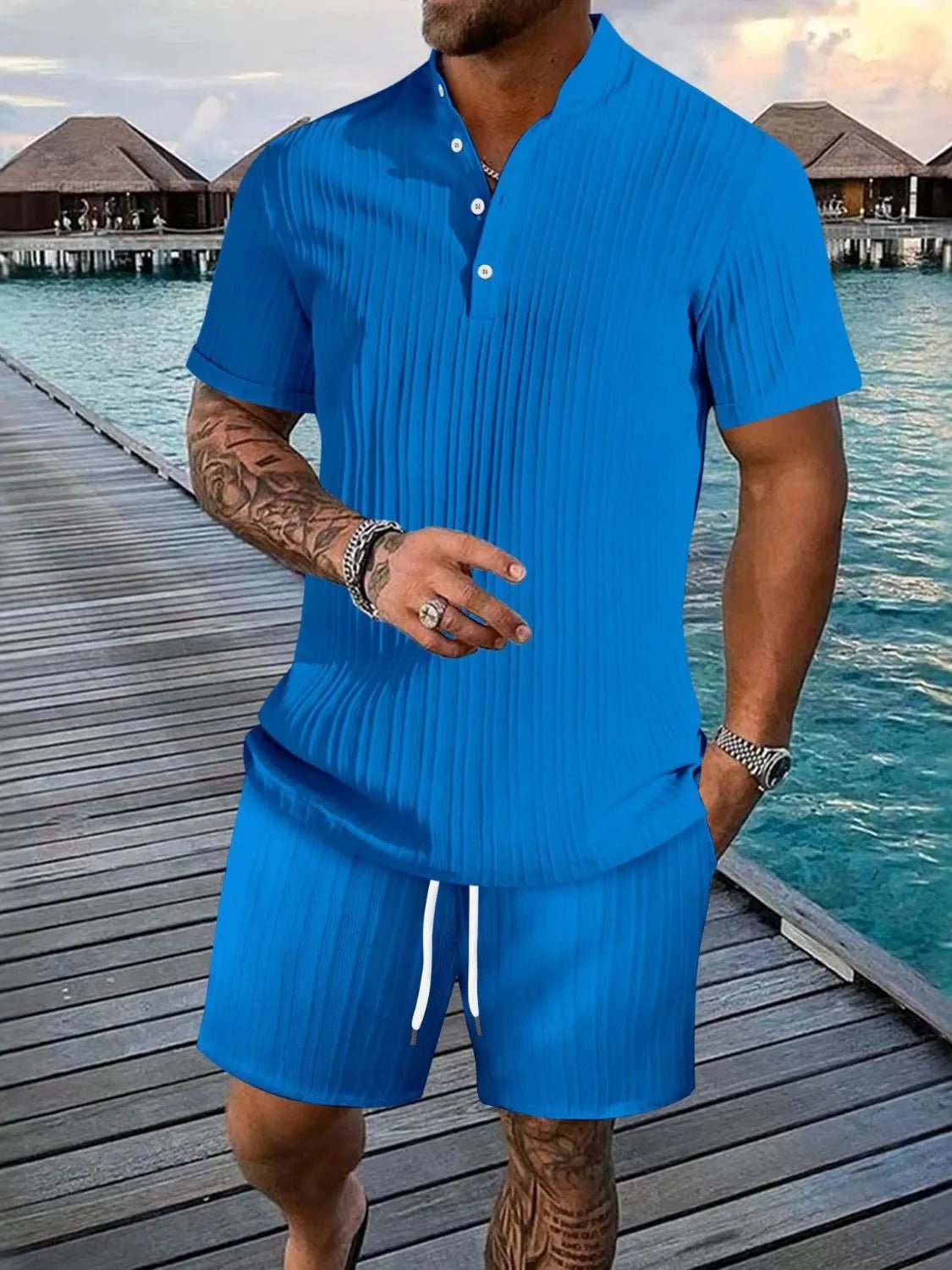 Men's Full Size Button Detail Short Sleeve Top and Shorts Set Plus Size - Kenner House Emporium