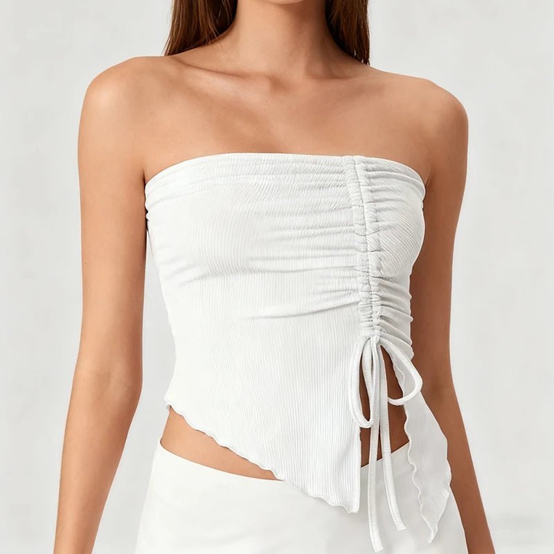Spring Summer Y2K Women's Strapless Sleeveless Tube Top Mesh Ruched Side Asymmetrical Lace up Bandeau Cami Tank Tops Streetwear - Kenner House Emporium