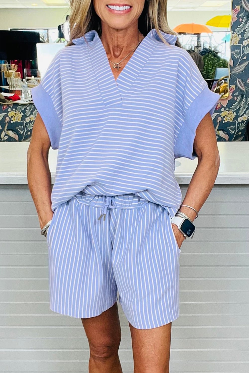 Sky Blue Striped Dolman Sleeve Pullover and Drawstring Shorts Set - Kenner House Emporium