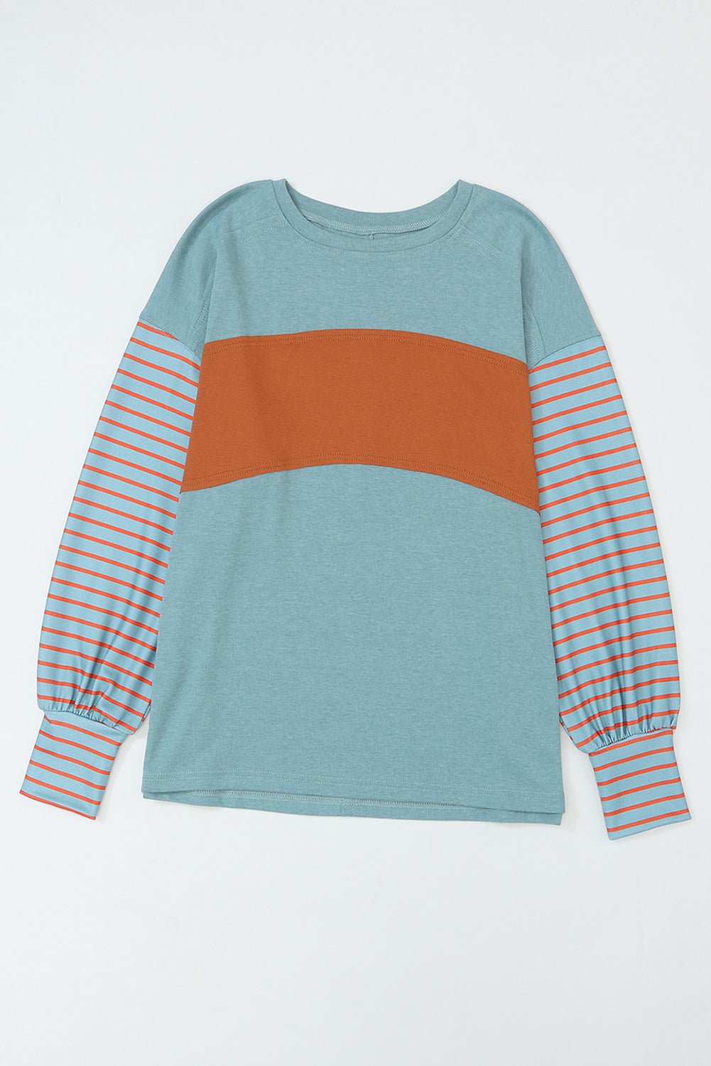 Green Colorblock Striped Bishop Sleeve Top with Side Slits - Kenner House Emporium