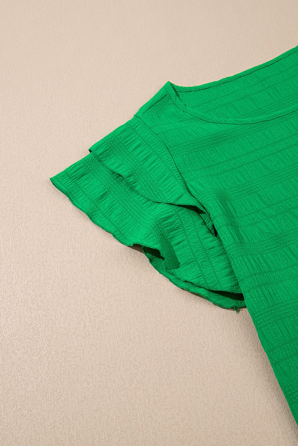 Dark Green Ruffle Sleeve Textured Smocked Blouse - Kenner House Emporium