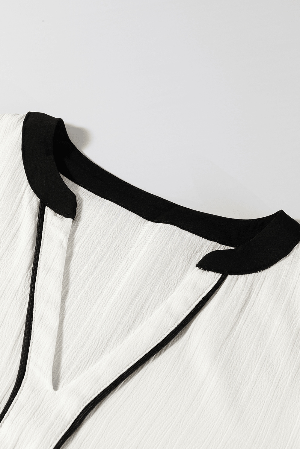 White Colorblock Edge Long Sleeve V Neck Textured Blouse - Kenner House Emporium