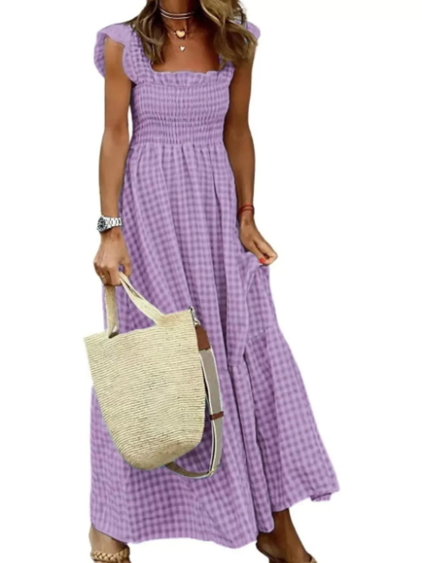 Full Size Gingham Smocked Ruffle Maxi Dress Plus Size - Kenner House Emporium