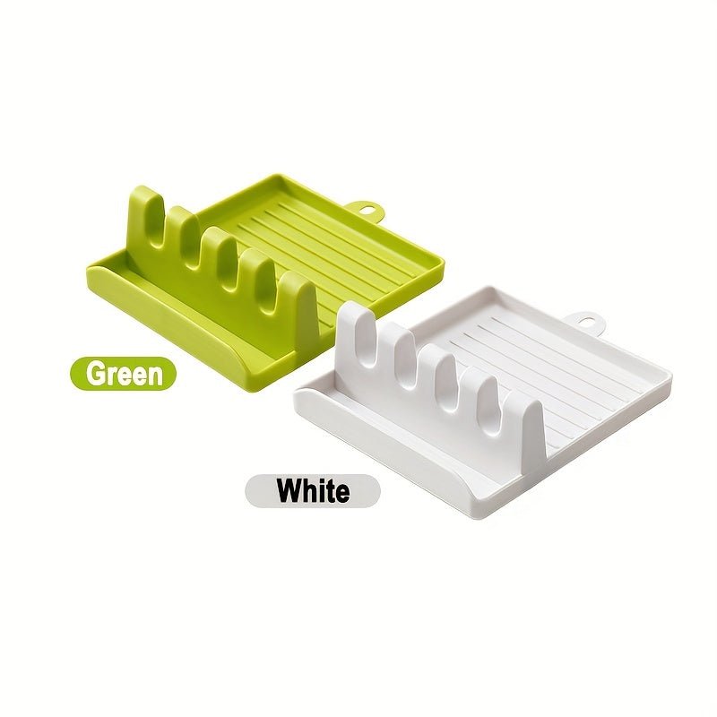 1pc White/Green Kitchen Utensil Holder with 4 Slots, Multi - Functional Stove Utensil Organizer, Smooth Plastic Easy - to - Clean Design with Hanging Hole for Drying, Raised Edge Anti - Spill Design, Suitable for Spatulas, Ladles, Ch - Kenner House Emporium