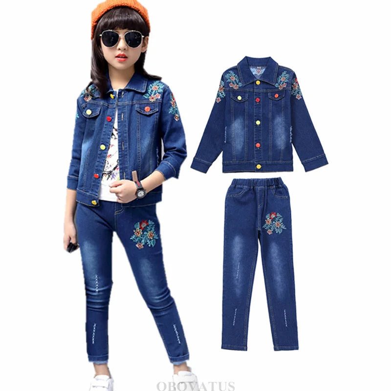 Fashion Kids Girl Denim 2 Piece Set Jacket and Jeans Embroidery Flower Jeans Jacket and Pants Set Child Vintage Spring Clothes - Kenner House Emporium