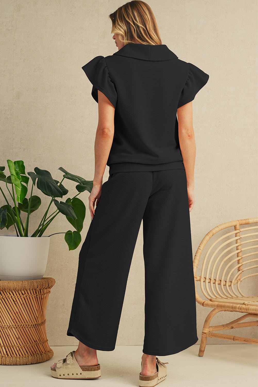 Black Textured Ruffle Sleeve Zipped Top and Wide Leg Pants Set - Kenner House Emporium