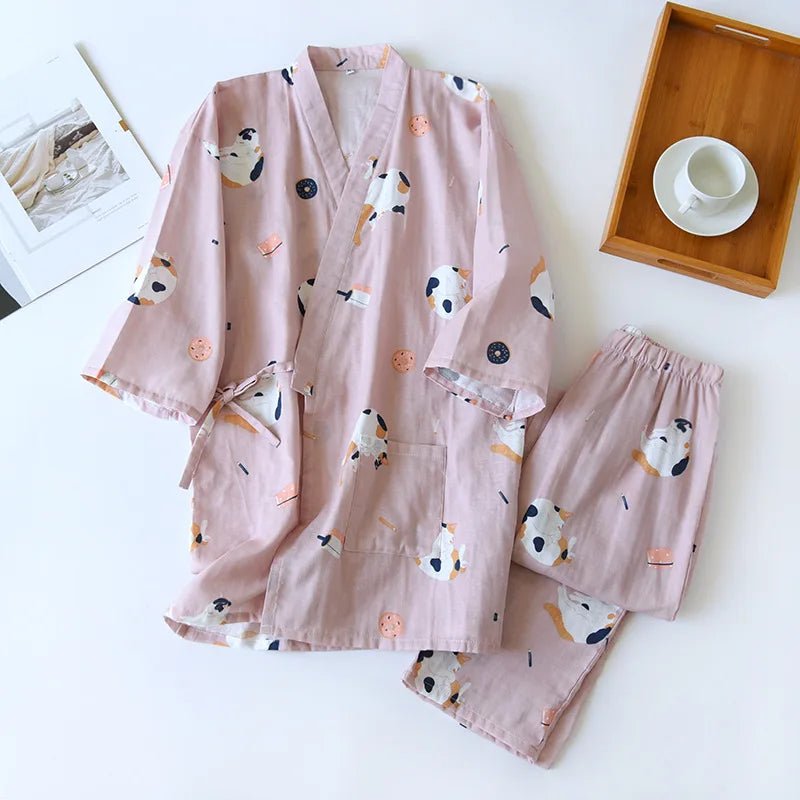 2023 Japanese - style kimono pajamas set seven - sleeve female spring and autumn 100% cotton gauze home clothes cute sweet 2 - piece - Kenner House Emporium