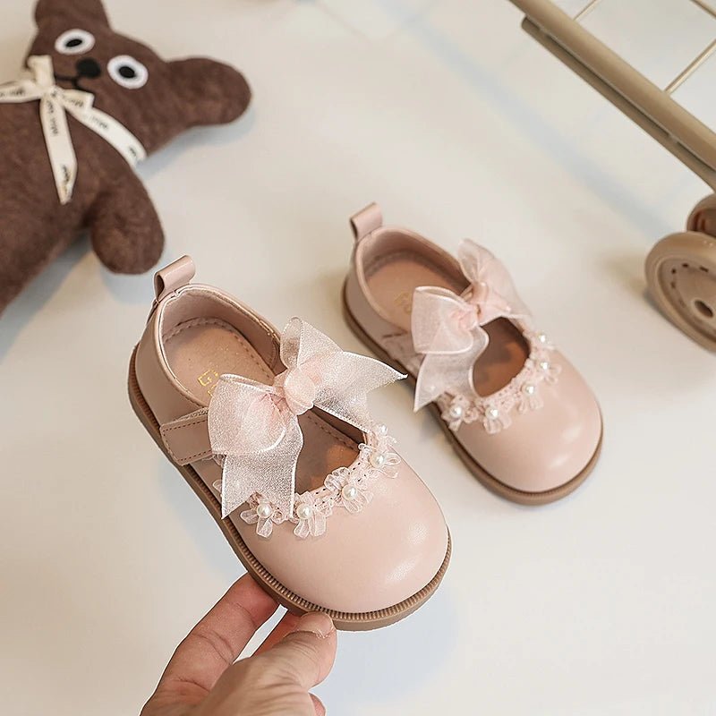 Baby Girls Leather Shoes for Wedding Party Princess Kids Flat Mary Janes Lace Bowtie with Beading 2025 Spring Children Flats New - Kenner House Emporium