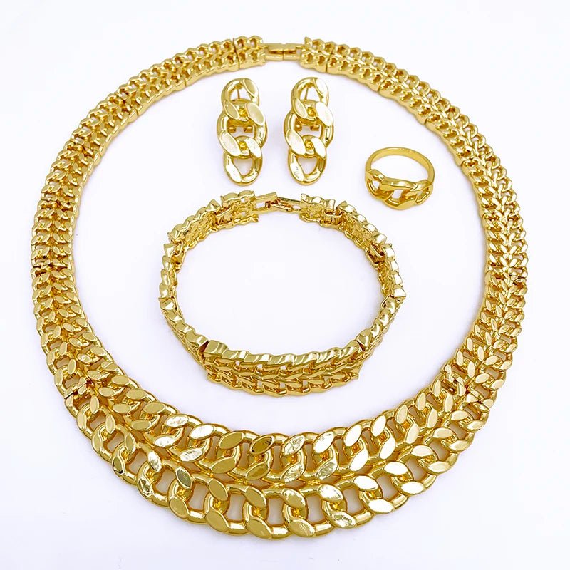 Luxury Dubai Nigeria Gold Color Women Jewelry Set Classic Design 18K Gold Plated Cuban Chain Earring Necklace Ring Bracelet Part - Kenner House Emporium