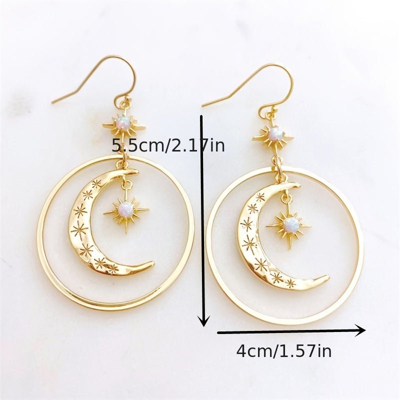 Elegant Boho - Chic Golden - Tone Moonstone Dangle Earrings for Women - Crescent Moon with Star Motifs, Zinc Alloy, Perfect for Daily Wear & Parties, Moon Earrings - Kenner House Emporium