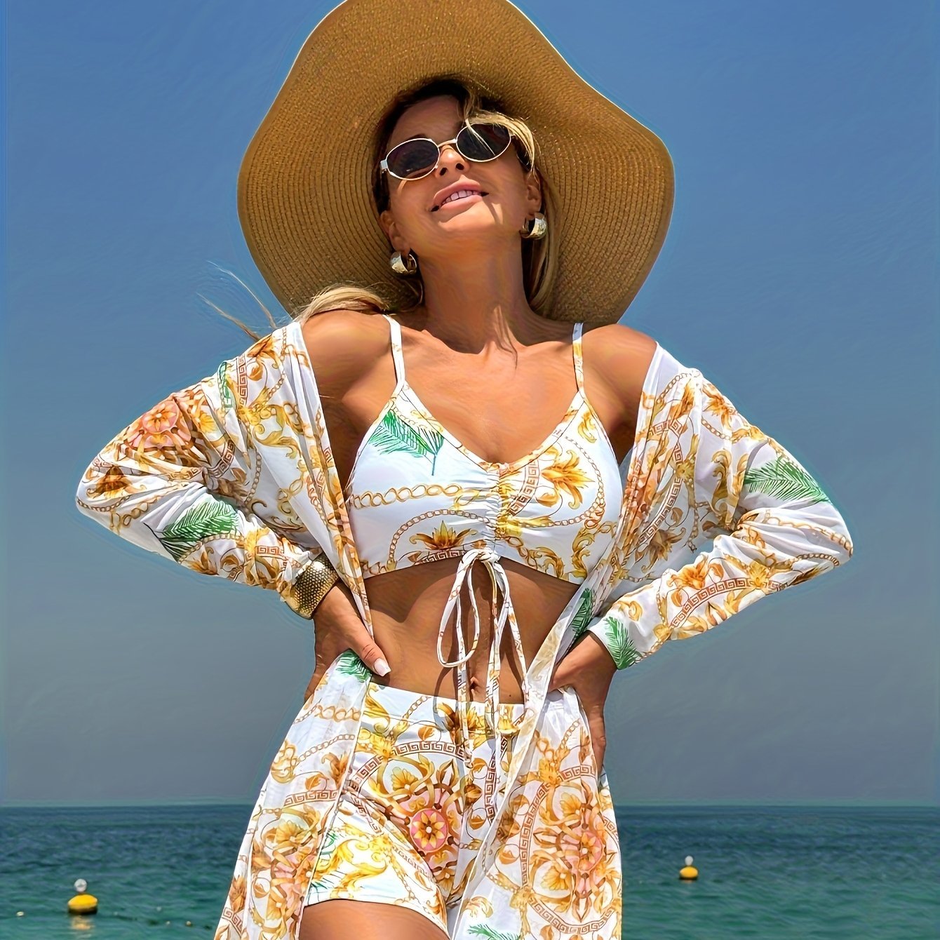 Women's Bikini Three - Piece Swimsuit with Boxer Shorts, New Split Cover - Up, Bowknot Fashion Beachwear - Kenner House Emporium
