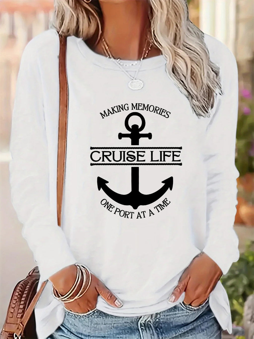 Women's Spring and Autumn 100% pure cotton fashionable casual loose cross letter pattern printed round neck long sleeved T-shirt - Kenner House Emporium