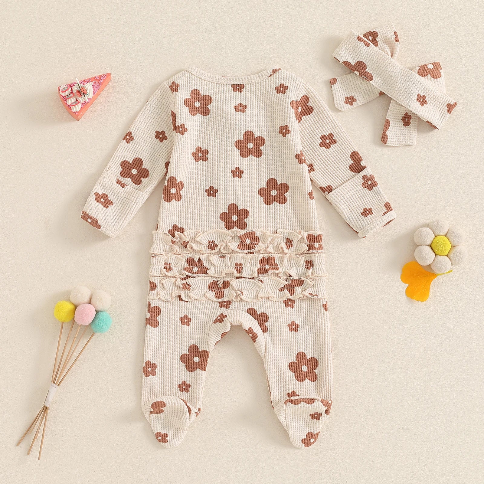 Toddler Baby Girls Floral Footies Jumpsuit and Headband Children Cotton Long Sleeve Frills Zipped Autumn Spring Kids Clothes - Kenner House Emporium