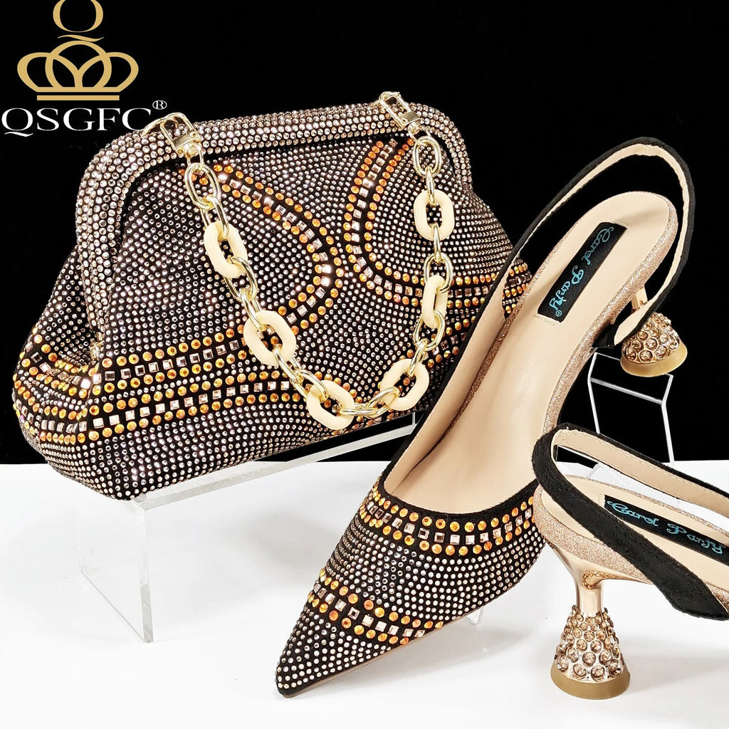 QSGFC New Italian Pumps and Bag To Party 2024 INS Style Pointed - Toe Rhinestone Elegant High Heels Champagne Wedge for Women - Kenner House Emporium