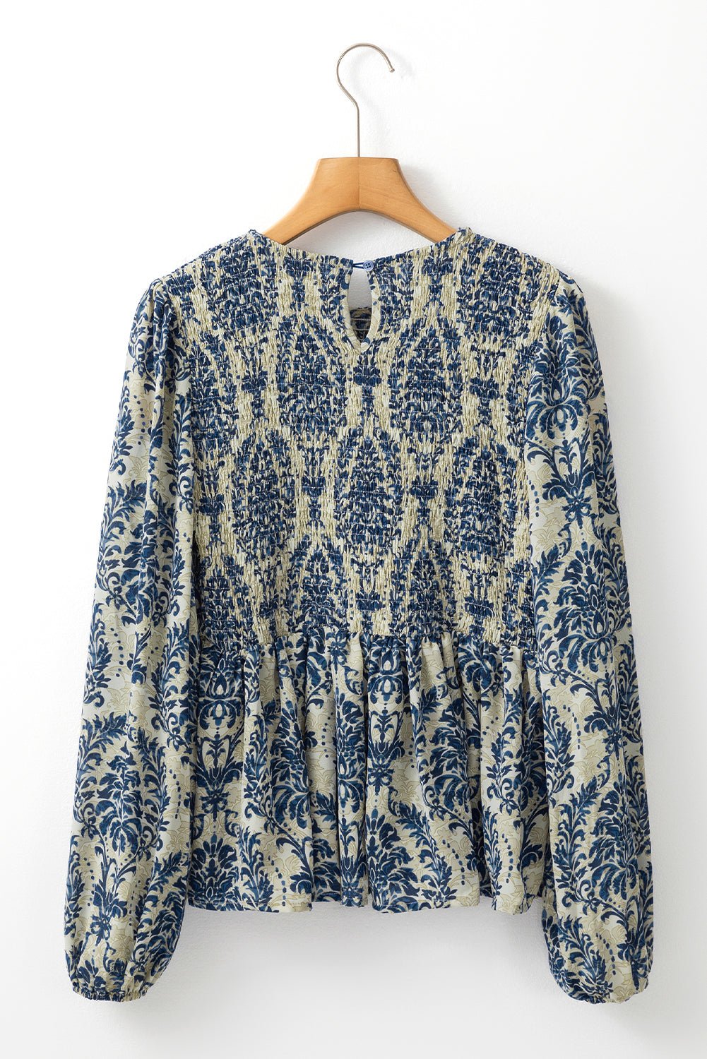 Sky Blue Ethnic Print Balloon Sleeve Smocked Peplum Blouse - Kenner House Emporium