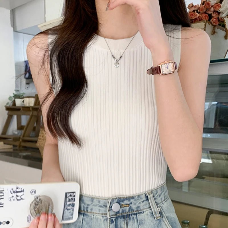 Summer Spring Tank Top Women Sleeveless Knitted T-Shirts Female Elastic Slim Casual Vests Crop Tops Waistcoat Pullover Shirts - Kenner House Emporium