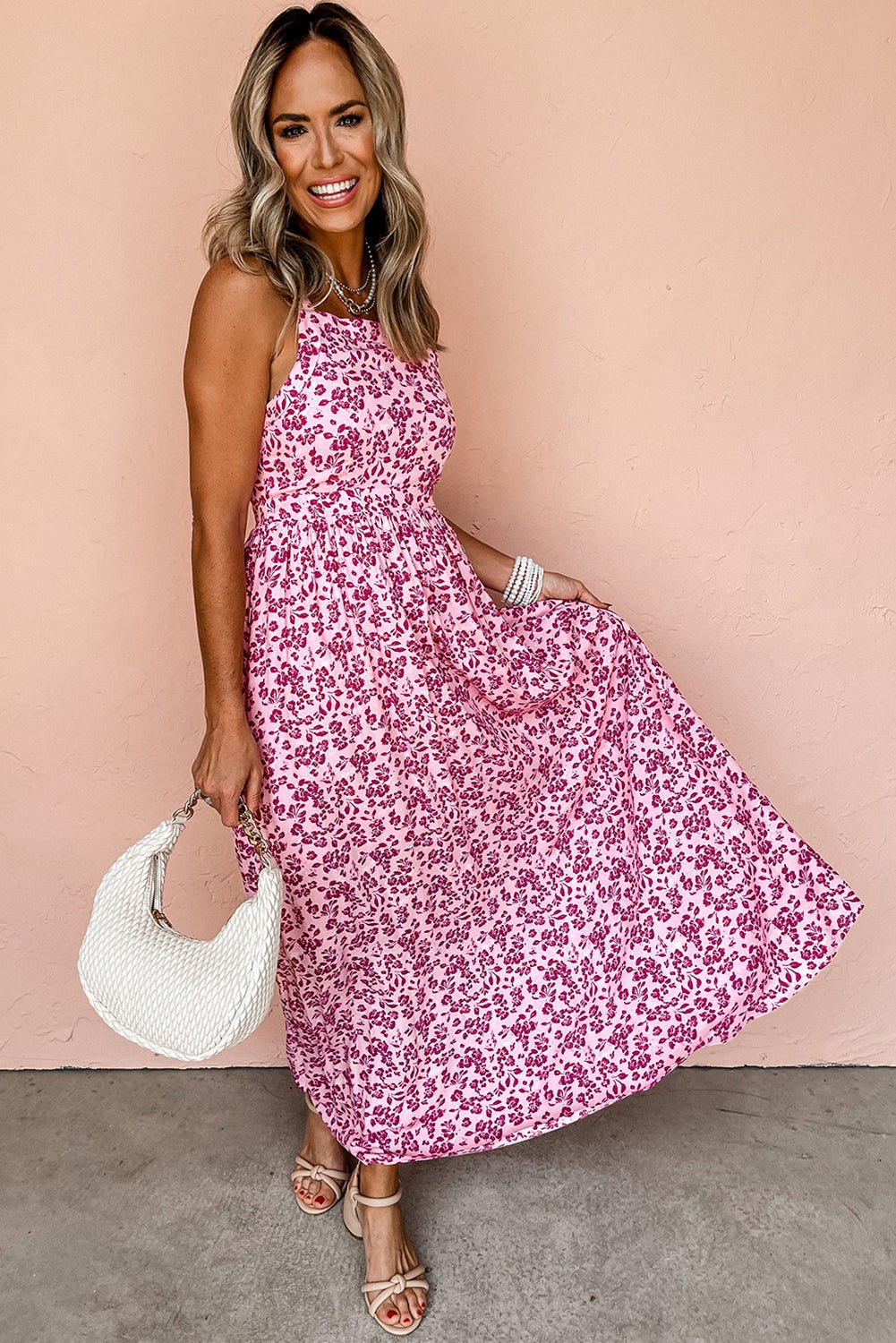 Pink Floral Cutout Back Empire Waist Sleeveless Maxi Dress - Kenner House Emporium
