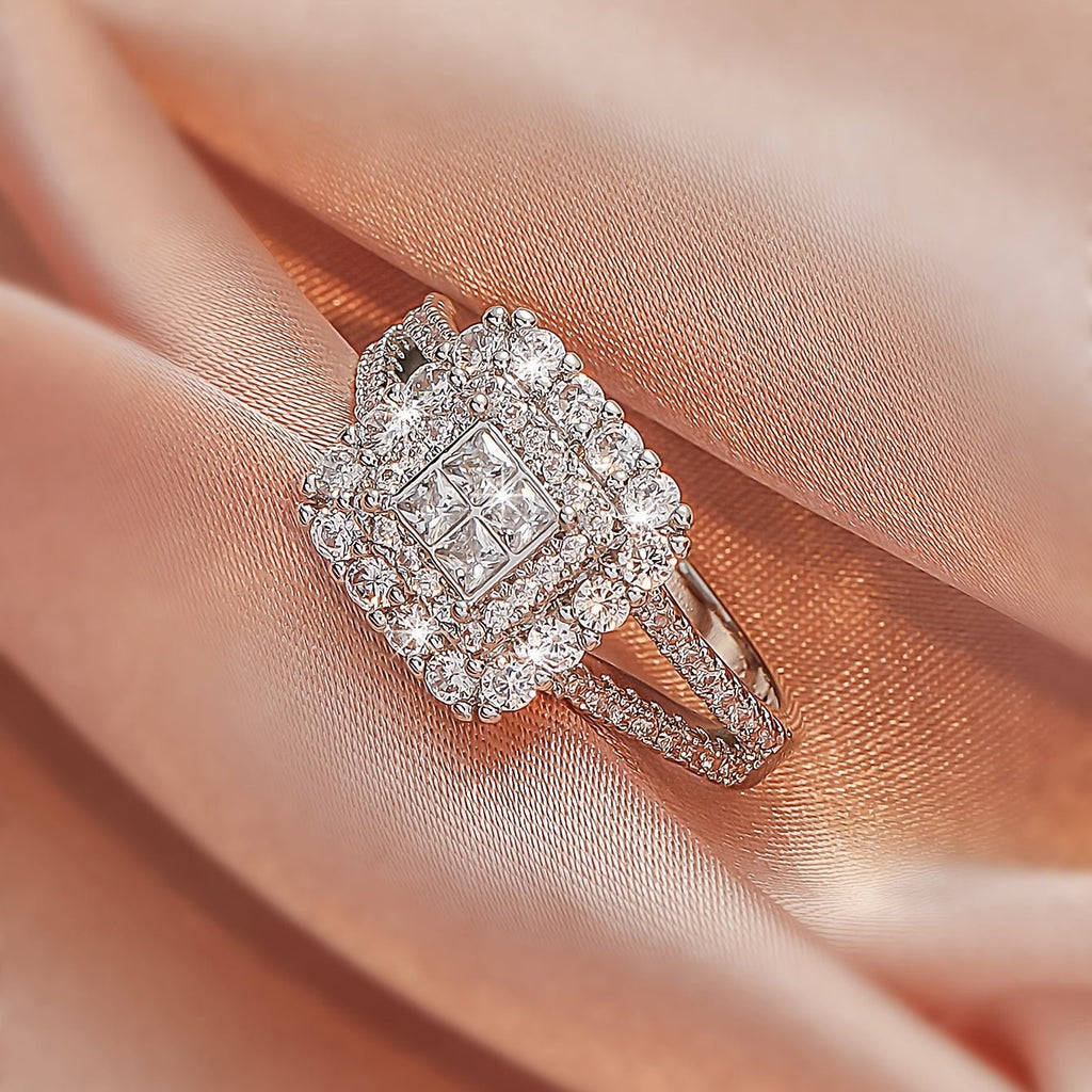 Large multi row white Synthetic Zirconia, fashionable, stylish, and atmospheric. Couples, lovers, gifts, wedding rings, Holiday Accessories, Couple Jewelry, Elegant Rings, Stylish Jewelry, Plated Rings, Highquality Finish, St - Kenner House Emporium