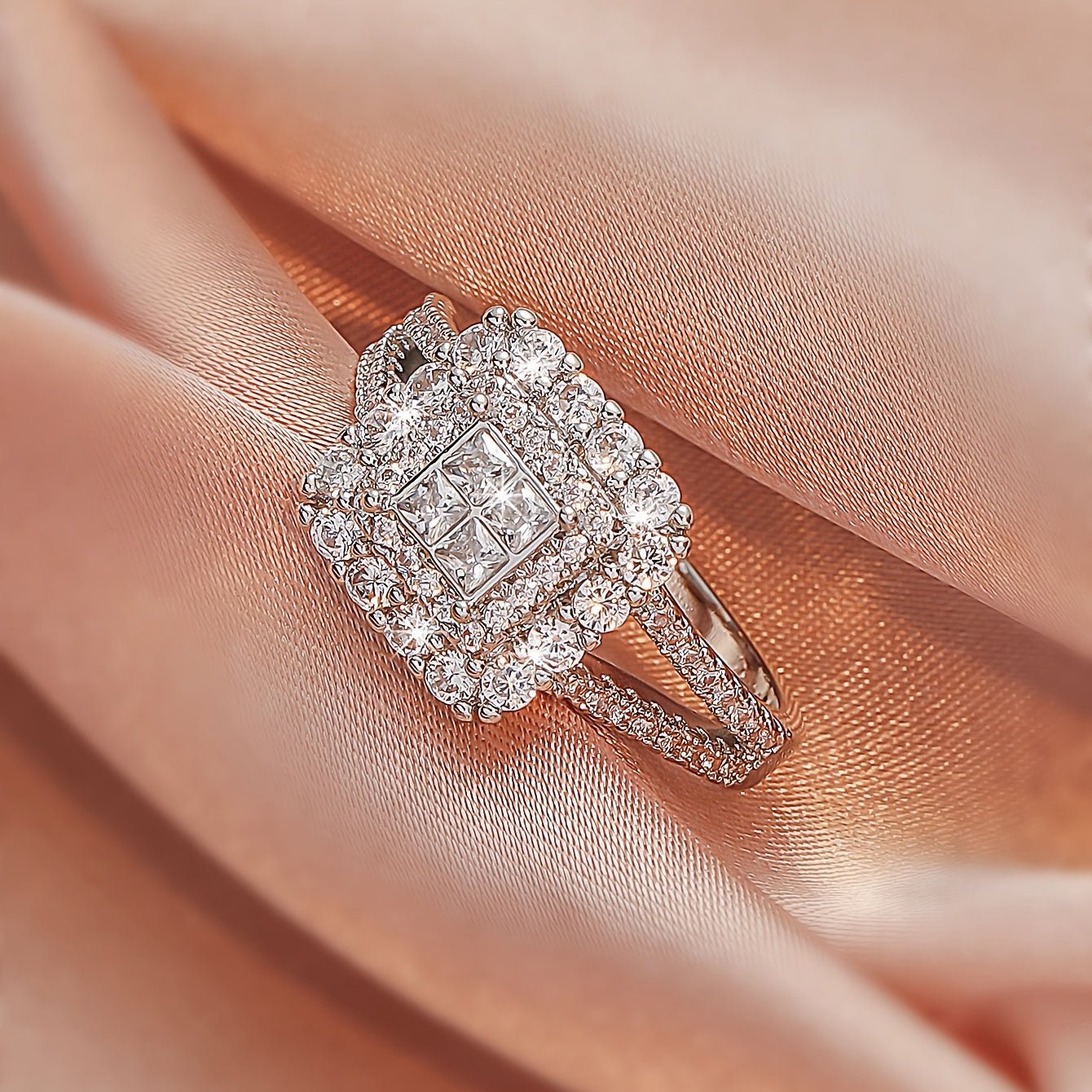 Large multi row white Synthetic Zirconia, fashionable, stylish, and atmospheric. Couples, lovers, gifts, wedding rings, Holiday Accessories, Couple Jewelry, Elegant Rings, Stylish Jewelry, Plated Rings, Highquality Finish, St - Kenner House Emporium