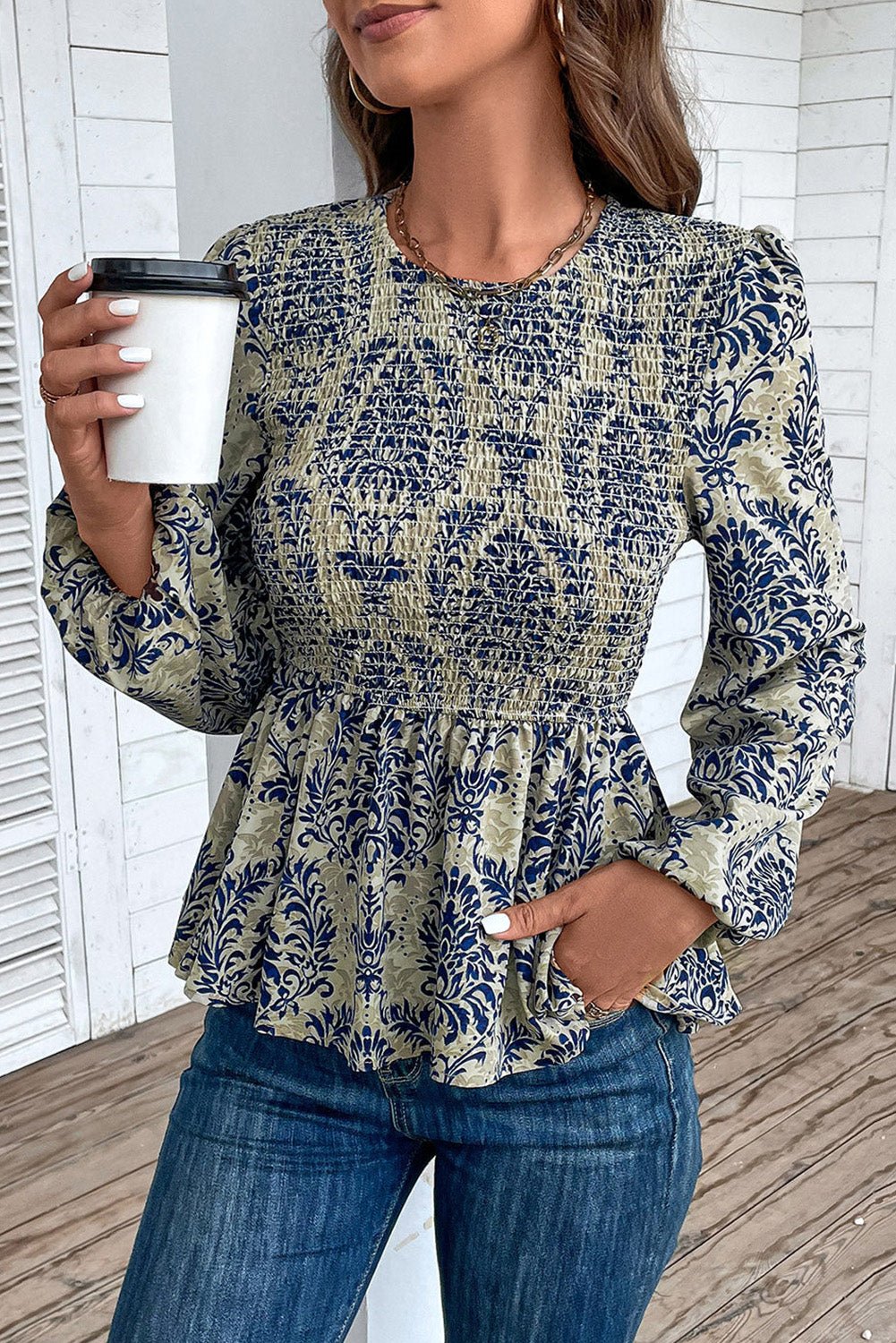 Sky Blue Ethnic Print Balloon Sleeve Smocked Peplum Blouse - Kenner House Emporium