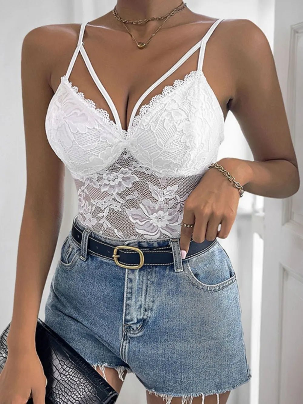 Perfee Spaghetti Strap Lace Bodysuit - Kenner House Emporium