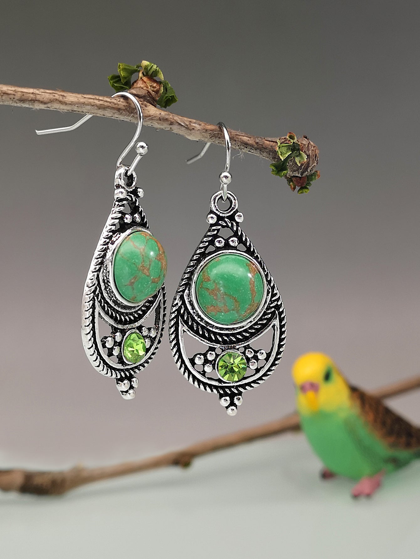 [Vintage Boho Earrings] Green Aventurine Vintage Boho Dangling Earrings | Alloy, English Style, Stainless Steel Ear Needle, for Daily Wear, Office, Street, Party, Vacation, Gift - Kenner House Emporium