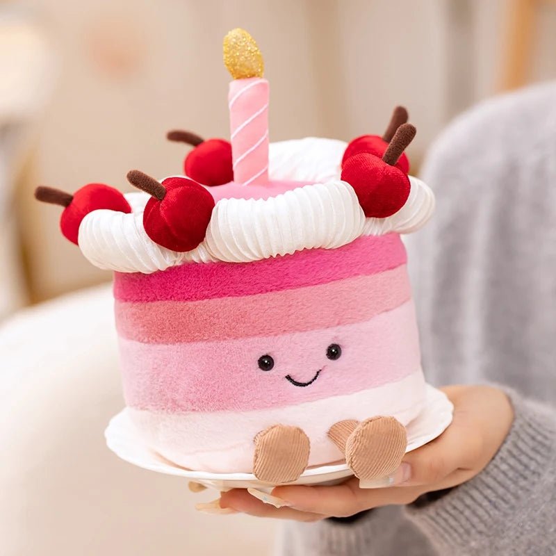 Kawaii Smile Cake Plush Toys Soft Stuffed Dessert Dolls with Candle Cherry Birthday Xmas Gift For Kids Cuddly Home Party Decor - Kenner House Emporium