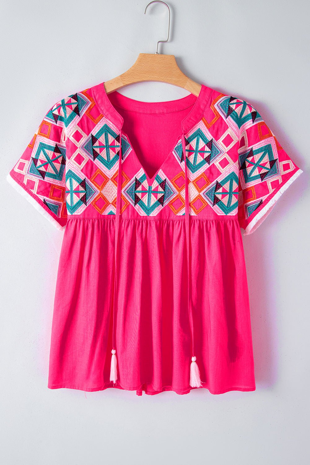 Strawberry Pink Geometric Embroidered Tassel Tie V Neck Blouse - Kenner House Emporium