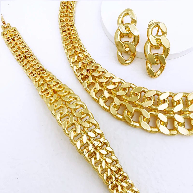 Luxury Dubai Nigeria Gold Color Women Jewelry Set Classic Design 18K Gold Plated Cuban Chain Earring Necklace Ring Bracelet Part - Kenner House Emporium