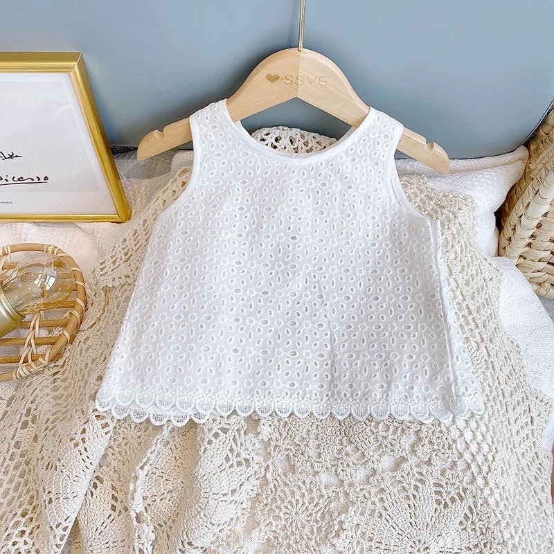 Girls Summer Clothing Sets Hollow Lace Suit Baby Casual Sleeveless T-shirt+Shorts Kids Clothing Sets Baby Clothes Outfits - Kenner House Emporium