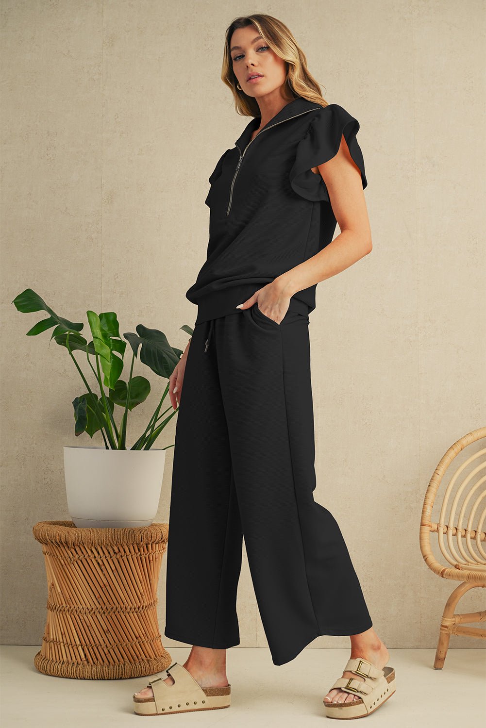 Black Textured Ruffle Sleeve Zipped Top and Wide Leg Pants Set - Kenner House Emporium