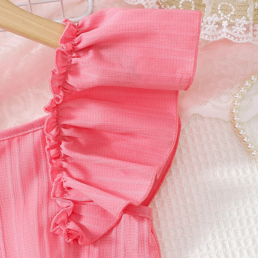 Kid Girls Summer Princess Clothing Set Flutter Sleeve Plain Color Tops+Short Skirt Sweet Style Party Wear For Child 8 - 12 Years - Kenner House Emporium