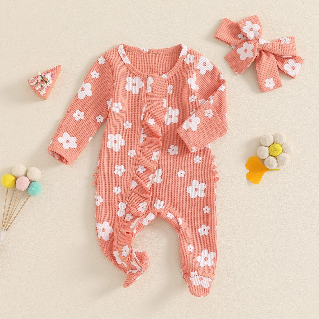 Toddler Baby Girls Floral Footies Jumpsuit and Headband Children Cotton Long Sleeve Frills Zipped Autumn Spring Kids Clothes - Kenner House Emporium