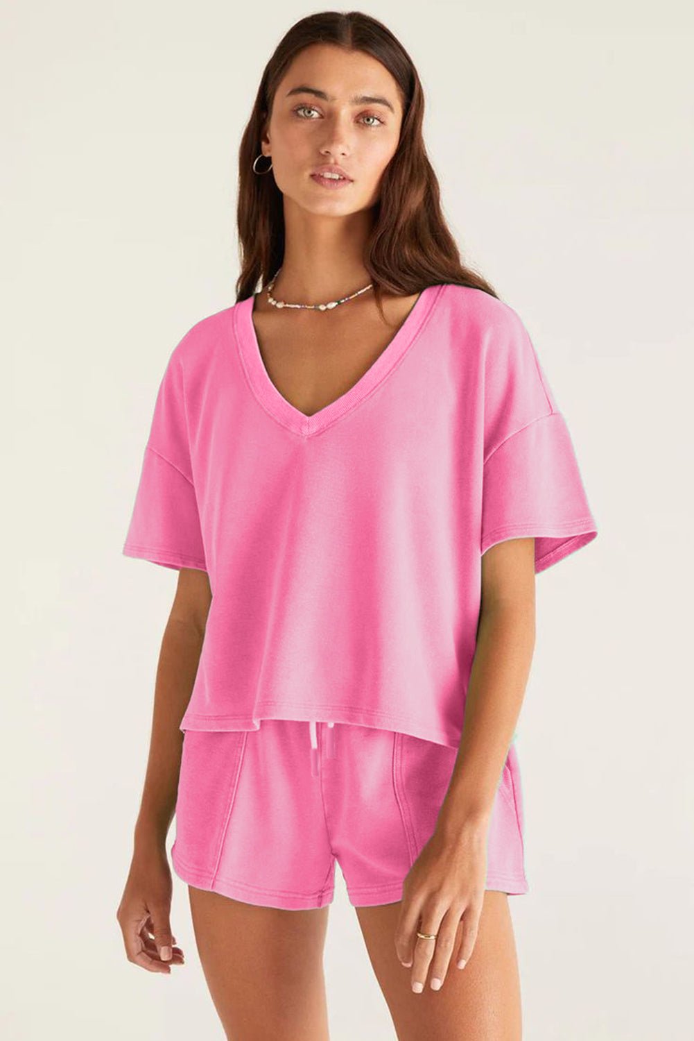 Bonbon V Neck Drop Shoulder Tee and Patchwork Shorts Set - Kenner House Emporium
