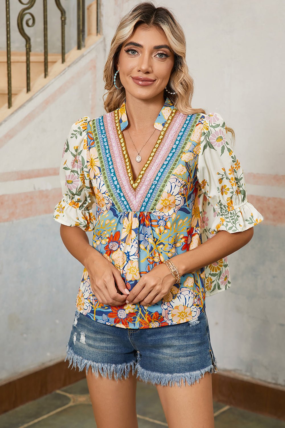 Multicolour Half Sleeve Boho Floral Pop of Color Neckline Blouse - Kenner House Emporium