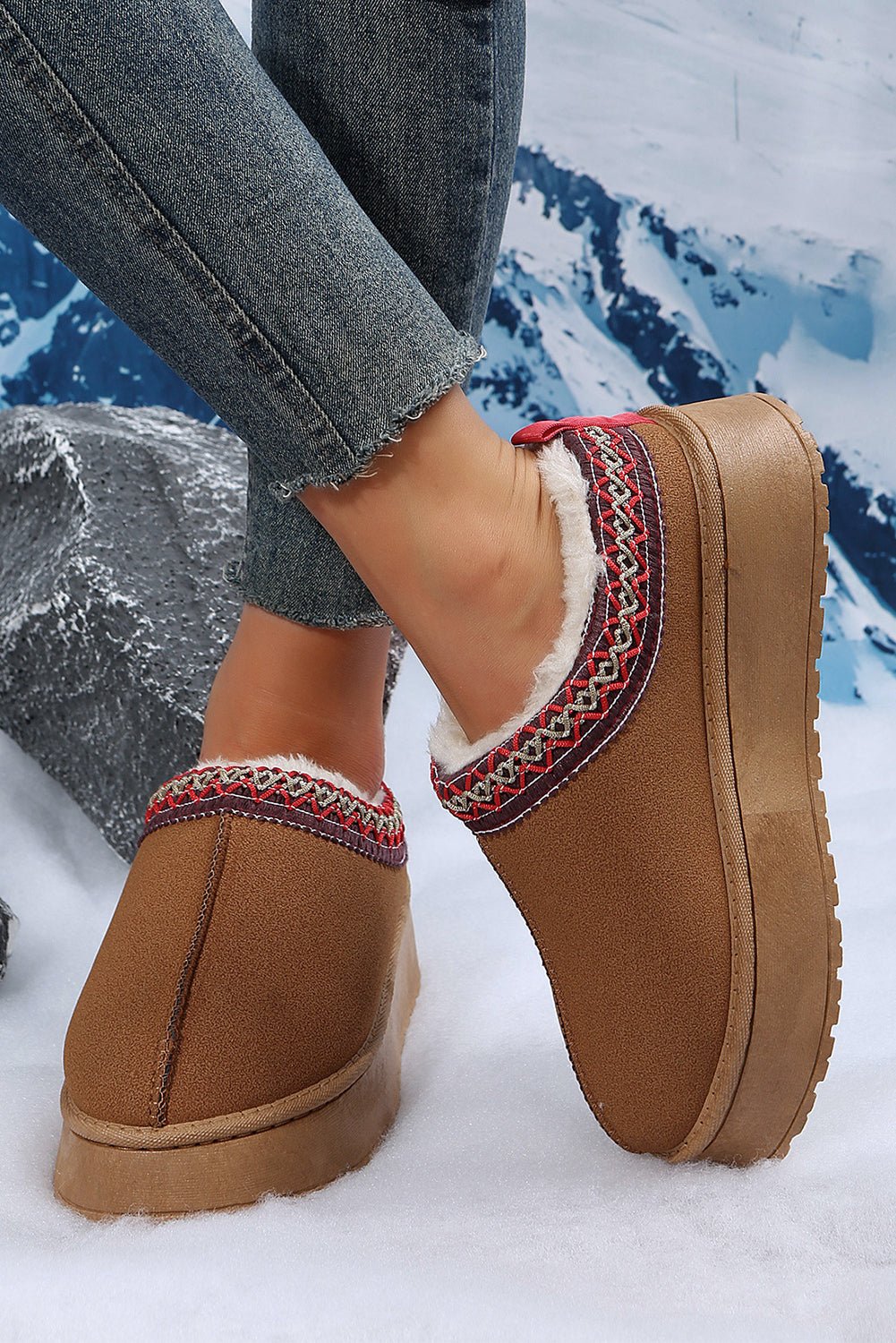 Chestnut Suede Contrast Print Round Toe Plush Lined Flats - Kenner House Emporium
