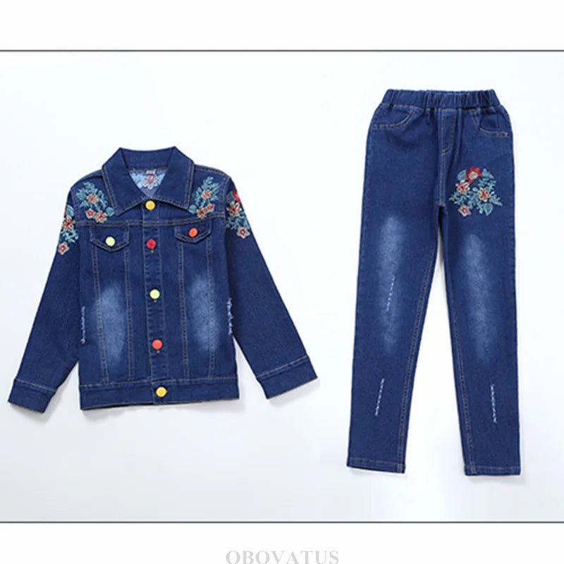 Fashion Kids Girl Denim 2 Piece Set Jacket and Jeans Embroidery Flower Jeans Jacket and Pants Set Child Vintage Spring Clothes - Kenner House Emporium