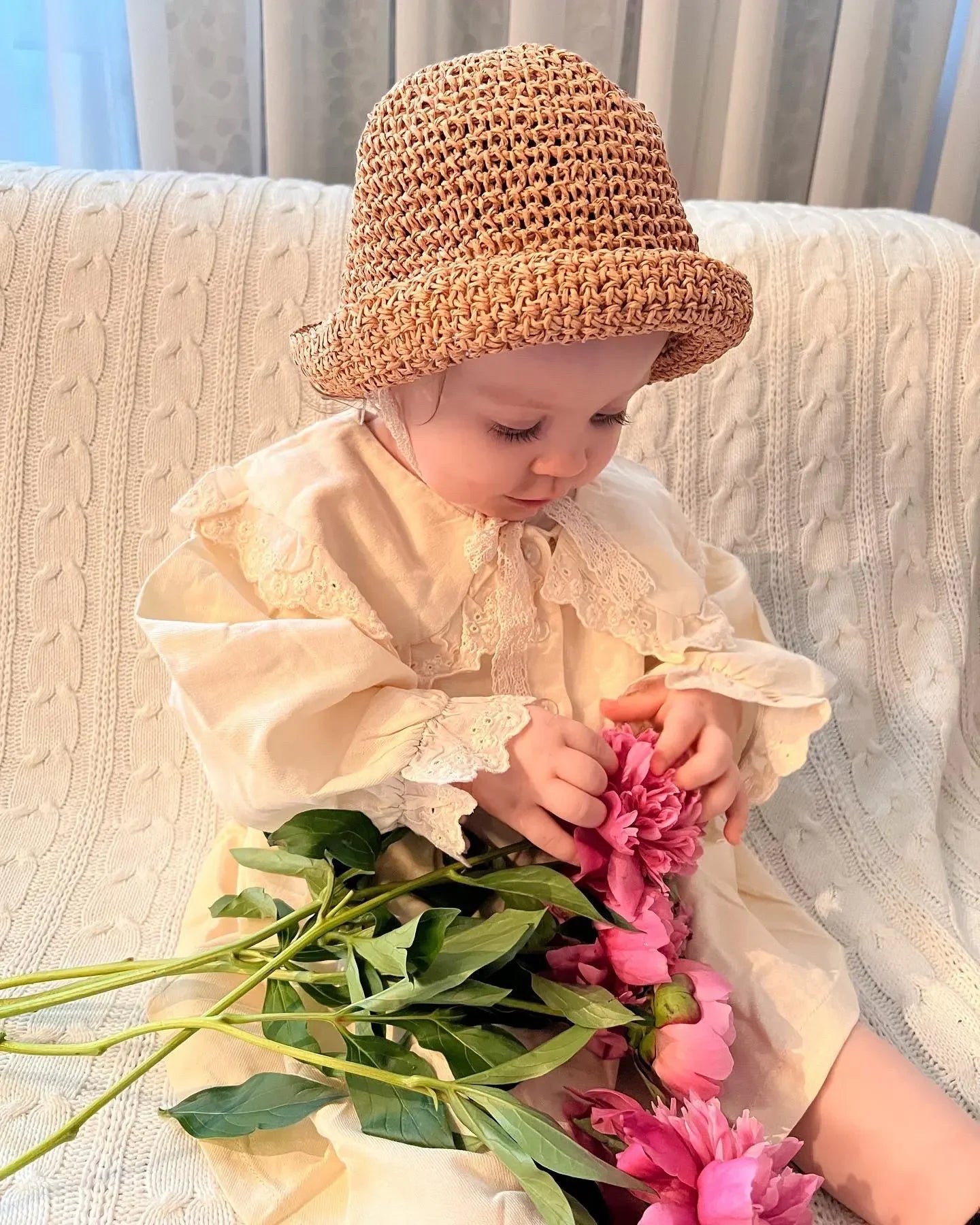 Fashion Baby Petal Brim Straw Woven Hat Sun Protection Lace Cap Kids Girls Princess Collapsible Beach Cute Infant Bucket Hats - Kenner House Emporium