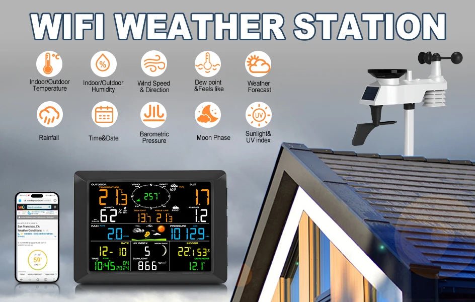 WiFi Weather Station 14 - in - 1 Wireless with Color Display Real - Time Sync to Weather Underground 100m Range Smart Home Sensor - Kenner House Emporium