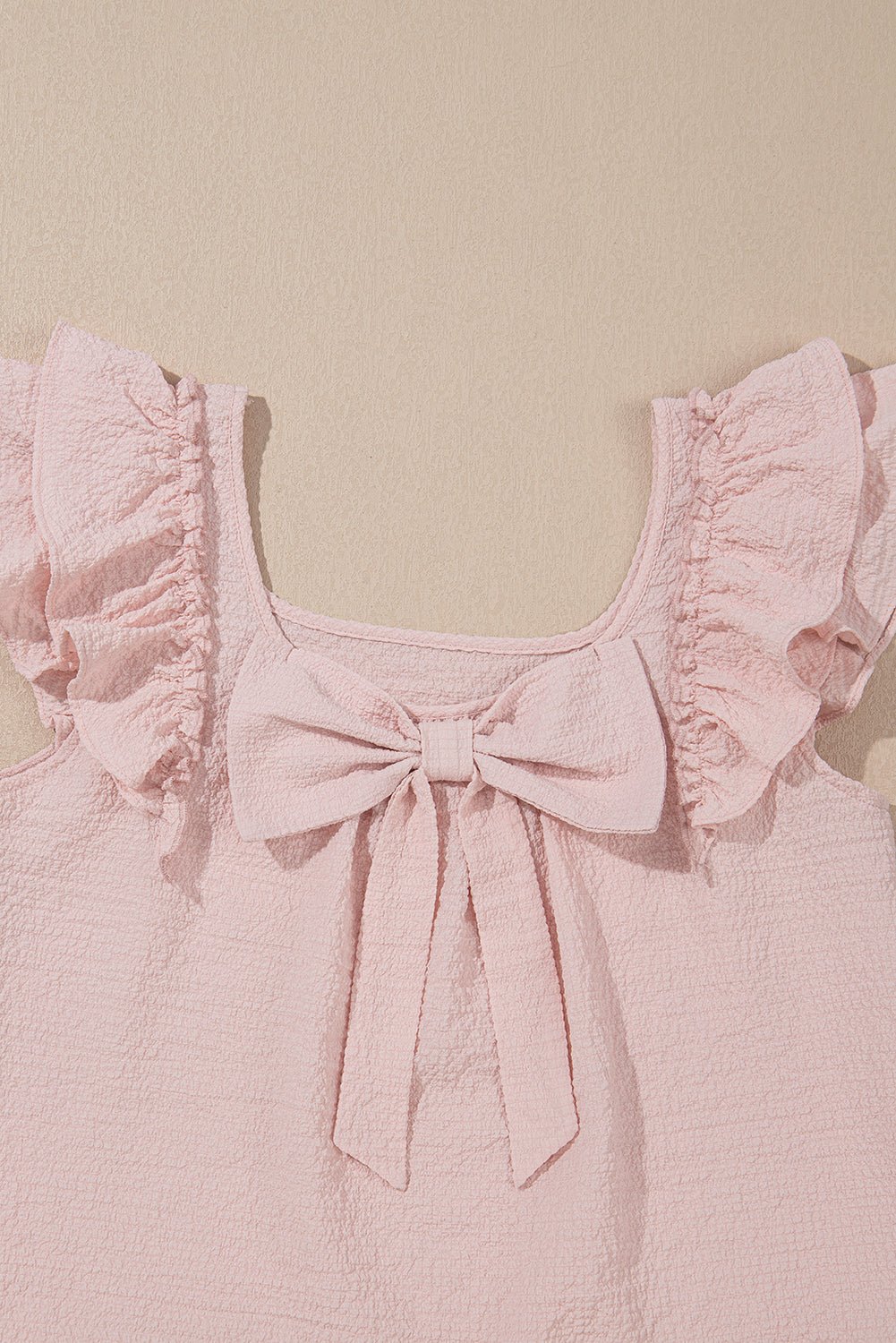 Gossamer Pink Textured Bow Frilled Ruffle Sleeve Blouse - Kenner House Emporium