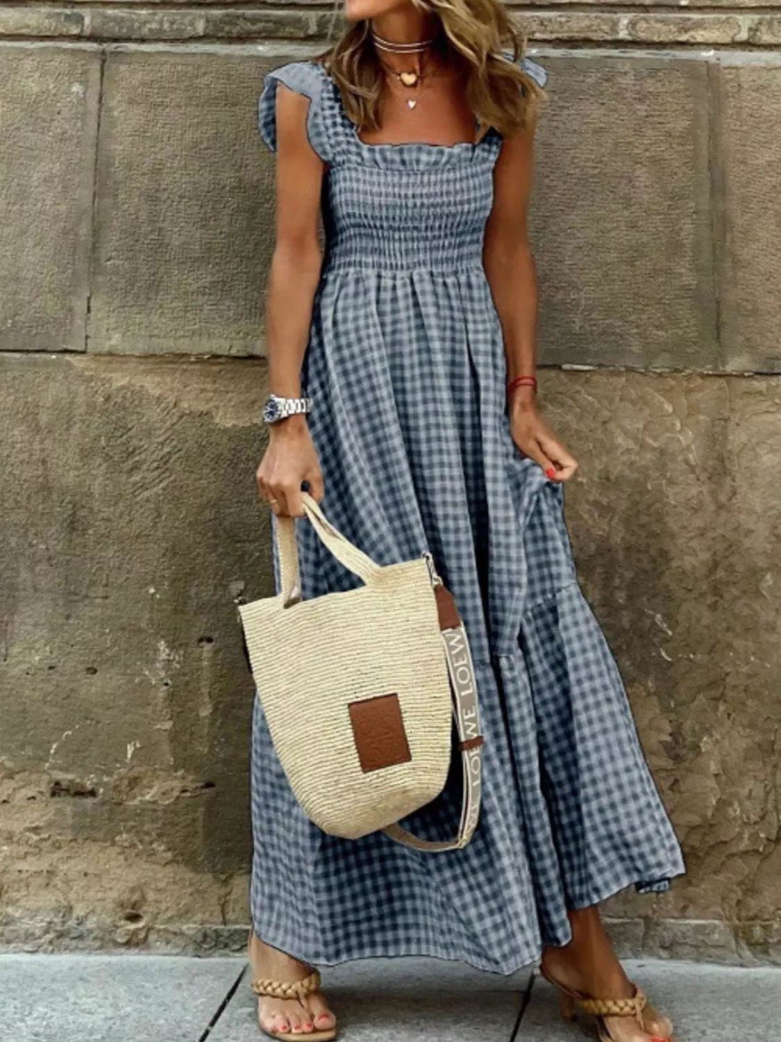 Full Size Gingham Smocked Ruffle Maxi Dress Plus Size - Kenner House Emporium