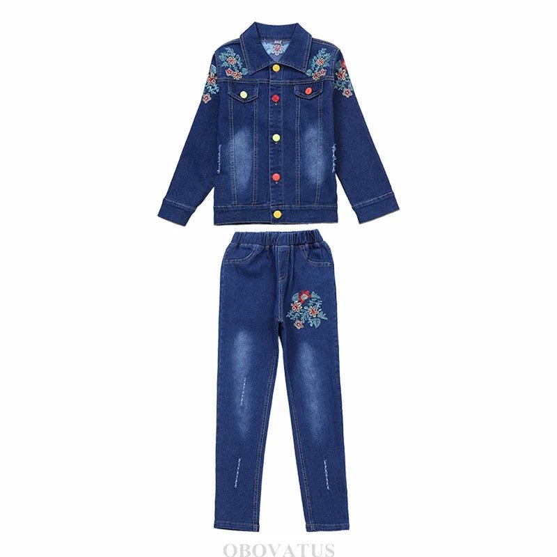 Fashion Kids Girl Denim 2 Piece Set Jacket and Jeans Embroidery Flower Jeans Jacket and Pants Set Child Vintage Spring Clothes - Kenner House Emporium